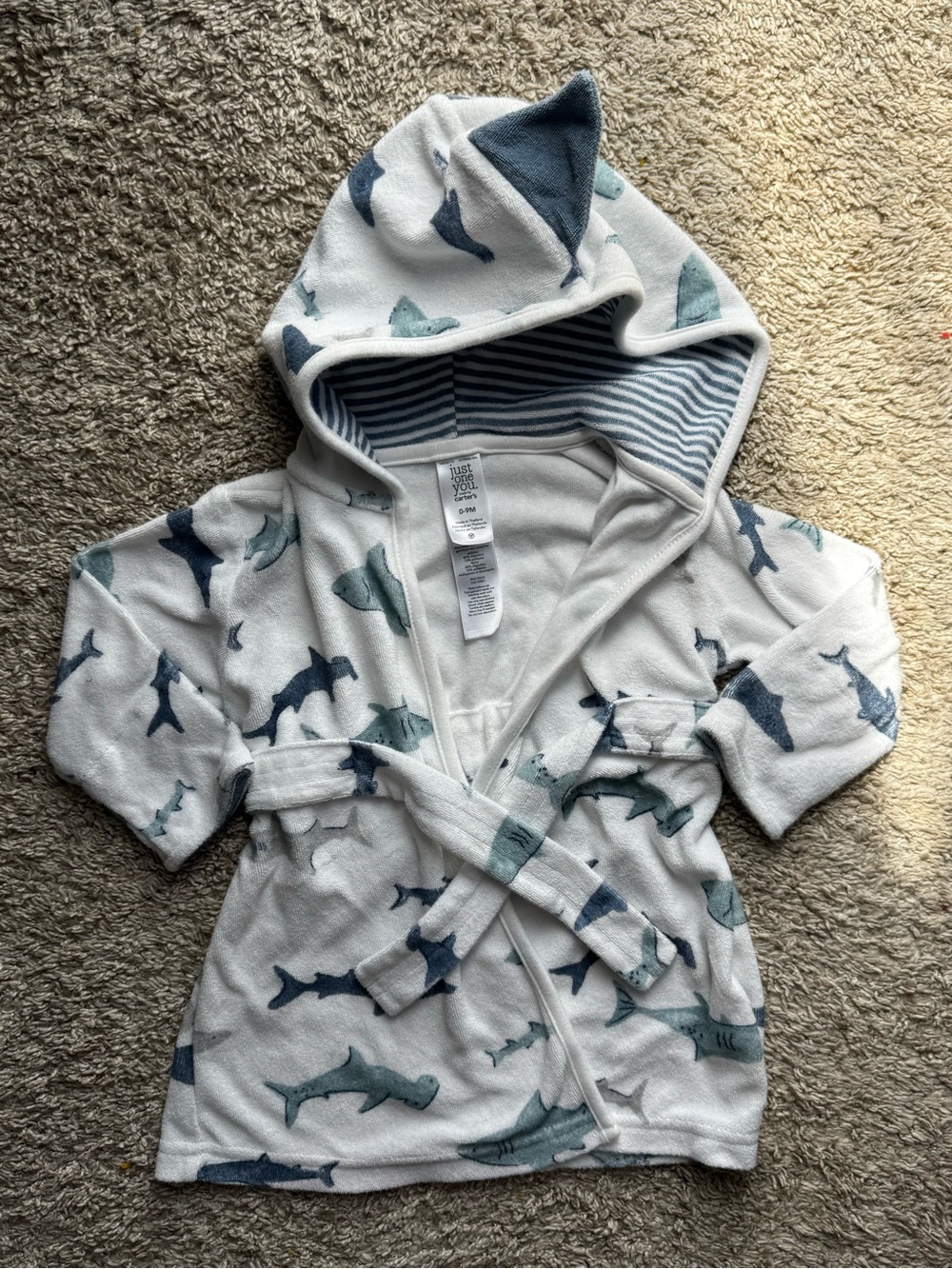 Carter’s Just One You Shark Hooded Bath Robe Baby Size 0-9M Blue Gray